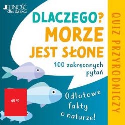 Quiz przyrodniczy Dlaczego morze jest słone?” to kopalnia wiedzy o naturze i rewelacyjna zabawa dla dzieci. Jazda samochodem, wakacyjny relaks na plaży, długie jesienne wieczory czy lekcja przyrody… to tylko niektóre okazje, na które nasz quiz jest po prostu niezbędny! 50 kart (opakowanych w kolorowe, solidne pudełko) i aż sto zakręconych, podchwytliwych pytań czeka na dzieci (8+), rodziców i nauczycieli. Nie ma na co czekać! Ruszajmy do zabawy i odkrywajmy sekrety natury! Dlaczego morze jest słone? Czy wodospad może zamarznąć? Jak to się dzieje, że pokrzywa parzy? Ten quiz dostarczy nam odpowiedzi na najbardziej ekscytujące i zakręcone pytania dotyczące roślin, wody, zwierząt i całego świata przyrody.