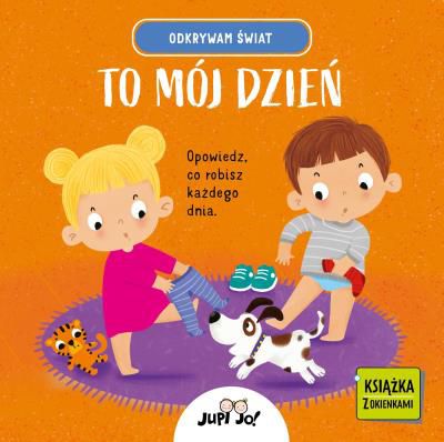 o mój dzień to książka z okienkowej serii Odkrywam świat. Zapoznaje ona najmłodsze dzieci z czynnościami, które wykonują każdego dnia, pomaga je nazywać i porządkować w czasie. Bohaterami wszystkich książek w serii są Mania i Tynio – sympatyczne rodzeństwo.Mały czytelnik poznaje poszczególne pory dnia i kojarzące się z nimi czynności, oglądając fotografie, a następnie podąża za bohaterami i dowiaduje się, jak wygląda ich dzień. Każda scenka kryje w otwieranym okienku zagadkę, którą maluch z ciekawością rozwiązuje. Rano odsłania roletę, żeby sprawdzić, jaka jest pogoda, dowiaduje się, co jedzą Mania i Tynio, w jakich popołudniowych zajęciach uczestniczą, jak pomagają rodzicom. Kartonowa książka z zaokrąglonymi rogami i łatwymi do otwierania okienkami jest przyjazna dziecku. Wspólne czytanie i oglądanie to świetna zabawa i inspiracja do rozmowy, która znakomicie wspomaga rozwój mowy. Pozostałe książki w serii Odkrywam świat : Jaki to kolor? Jaki to kształt? Gdzie to jest? Czym to się różni? To moje emocje