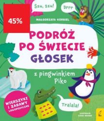 Podróż po świecie głosek z pingwinkiem Piko to książka pozwalająca ćwiczyć wymowę tzw. trudnych głosek (sz, ż, cz, dż, r), a tym samym rozwijać mowę. W środku znajdą się zabawne wierszyki z ćwiczonymi głoskami, które dzieci chętnie zapamiętują i powtarzają, oraz liczne angażujące zabawy, dostosowane do wieku odbiorców.